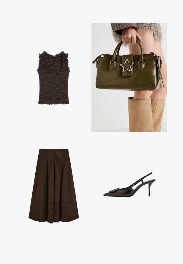 Top marrone senza maniche con scollo arricciato e tessuto arricciato in tutto il capo. Presenta una silhouette aderente e una superficie texturizzata.; Gonna midi in suede marrone con un design svasato e dettagli in cucitura verticale, caratterizzata da una texture liscia e un orlo ampio.; Scarpa slingback in pelle verniciata nera con punta appuntita, design minimalista, piccolo dettaglio rotondo sulla tomaia e tacco sottile.; Borsa a mano in similpelle verde oliva con accentatura a stella argentata, manici doppi e chiusura con zip. Superficie testurizzata e forma strutturata.