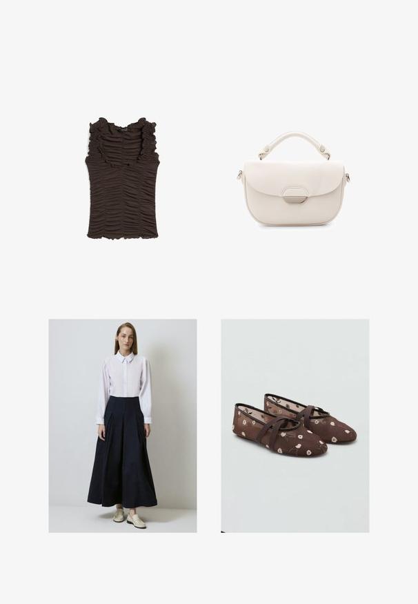 Brun ärmlös topp med rynkad krage och rynkad tyg genom hela plagget. Har en figurnära silhuett och texturerad yta.; Vit skjorta med knäppning, tillsammans med en flödande marinblå plisserad kjol. Bärs med ljusa slip-on skor.; Bruna textila balettskor med blommigt broderi och två korsande remmar över vristen. Mjukt material med spetsig tå.; Vit läderhandväska med rundad form, klaffstängning och silverfärgad detalj. Har ett kort handtag och slät yta.