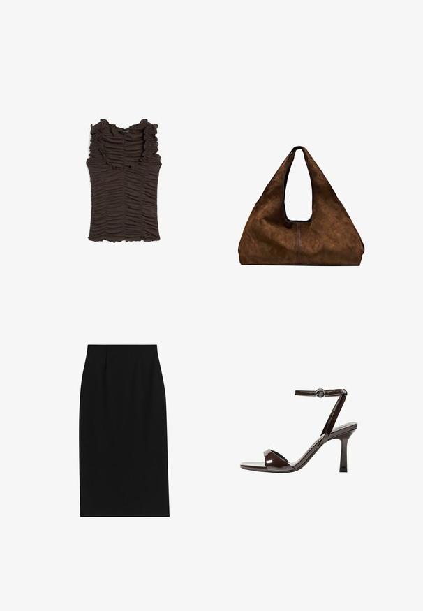 Brun ärmlös topp med rynkad krage och rynkad tyg genom hela plagget. Har en figurnära silhuett och texturerad yta.; Svart pennkjol med en mjuk textur, skräddarsydd passform och vertikala veck vid midjan, utformad för en slimmad silhuett.; Bruna lackläder högklackade sandaler med ankelrem, öppen tå och en elegant, minimalistisk design. Har en fyrkantig klack.; Brun mocka axelväska med öppen topp. Har en djup, bred kropp, urgröpt handtag och minimal sömnad för en ren design.