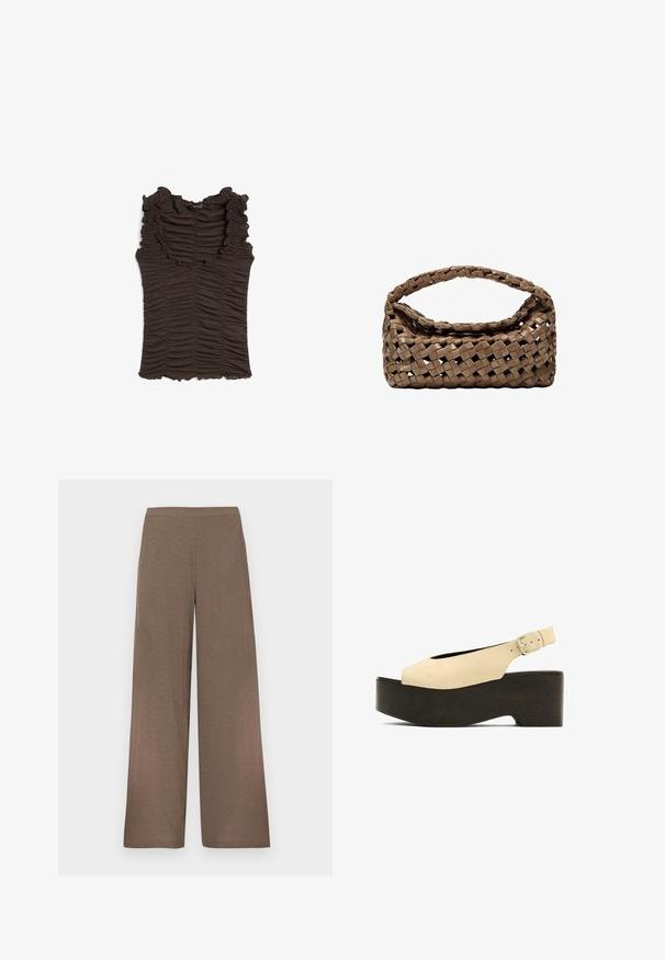 Brun ærmeløs top med flæset halsudskæring og rynket stof hele vejen igennem. Har en tætsiddende silhuet og tekstureret overflade.; Brune bukser med vide ben og fladt taljebånd, ingen synlige lommer eller lukninger, vist på hvid baggrund.; Beige ruskindsplatformsandaler med åben tå, slingback-design og en mørk trælignende bund, der har en metalspænde til justering.; Vevet brun håndtaske med rektangulær form, struktureret håndtag og tekstureret overflade. Har en lukket top og et indviklet vævemønster.