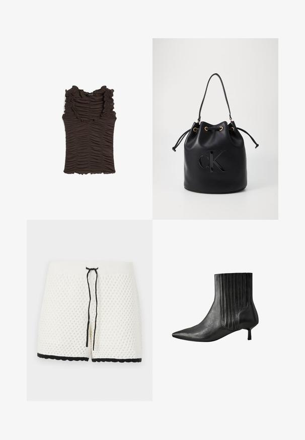 Brun ærmeløs top med flæset halsudskæring og rynket stof hele vejen igennem. Har en tætsiddende silhuet og tekstureret overflade.; Hvide strikkede shorts med et tekstureret, diamantmønster. Har en sort snor ved livet og sort bølget kant langs bunden.; Sort læder ankelstøvle med spids tå, ribbet sideskæring og lav, kvadratisk hæl. Glat tekstur med en blank overflade.; Sort læder bucket bag med snørelukning, der har et glosseret "CK" logo foran og hardware accenter i guld-tone.