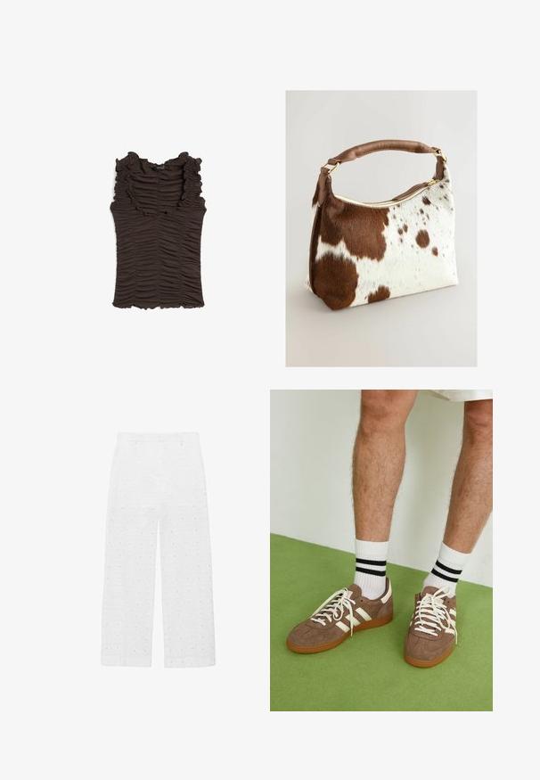 Brown sleeveless top with ruffled neckline and ruched fabric throughout. Features a fitted silhouette and textured surface.; White wide-leg pants made of textured fabric featuring eyelet designs with square patterns and circular cutouts throughout.; Brown suede sneakers with white accents and laces. Rubber gum sole. Worn with white socks featuring black stripes. Green textured flooring.; Cowhide handbag with brown and white speckled pattern, brown leather strap, gold zipper, and soft texture. Structured shape with rounded edges.