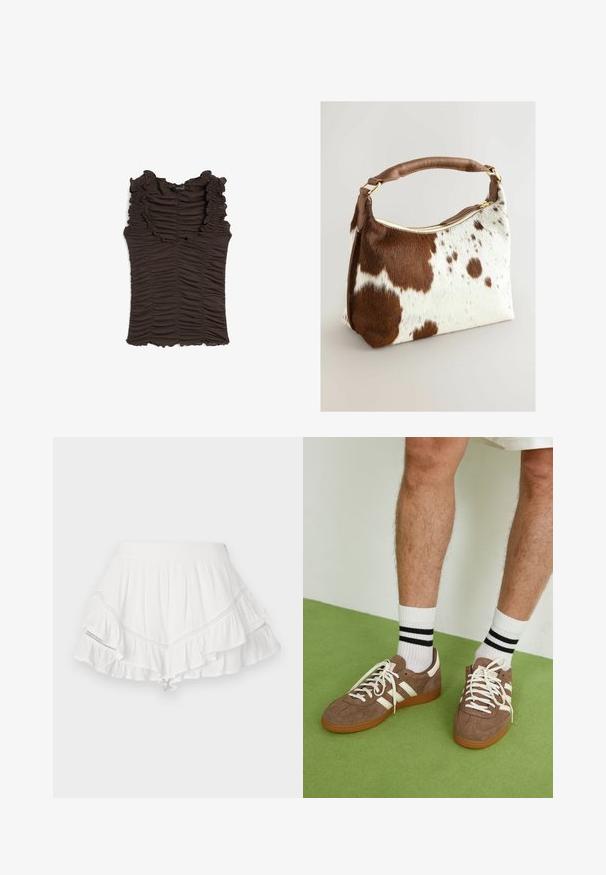Bruine mouwloze top met een ruches halslijn en geplooide stof door het hele kledingstuk. Heeft een aansluitende pasvorm en een gestructureerd oppervlak.; Witte rok met gelaagde ruches, gemaakt van lichtgewicht stof. Heeft decoratieve stiksels langs de naden en een aansluitende tailleband.; Bruine suède sneakers met witte accenten en veters. Rubberen gumzool. Draag met witte sokken met zwarte strepen. Groene gestructureerde vloer.; Koeienhuid handtas met een bruin en wit gespikkeld patroon, bruine leren band, gouden rits en zachte textuur. Gestructureerde vorm met ronde hoeken.