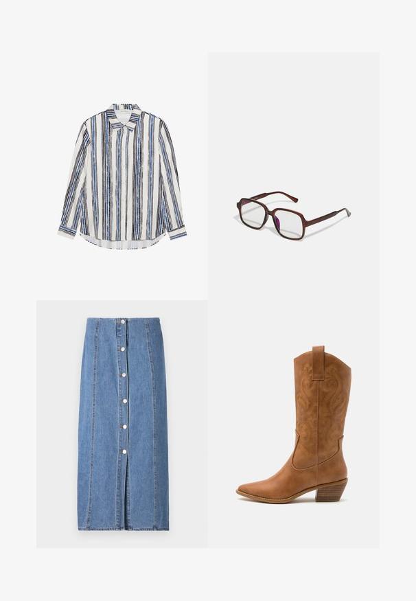 Gombos ing, amelyen függőleges csíkok láthatók kék, fekete és fehér árnyalatokban. Simogató anyagból készült, klasszikus gallérral és gombos záródással.; Világoskék farmer szoknya egyenes szabással. Elülső gombos záródással, függőleges varrással és nyers szegéllyel az alján.; Barna bőr cowboy csizma hegyes orral, hímzett örvény mintákkal a szárán, és stílusos, réteges blokk sarokkal. Kihúzó füle segíti a könnyű felhúzást.; Barna, téglalap alakú szemüveg áttetsző lencsékkel és lila árnyalattal. Simító műanyag keret, egyenes szárakkal és diszkrét díszítésekkel.; Barna műbőr válltáska ívelt formával, minimális varrással és arany színű kiegészítőkkel. Jellemzője a felső cipzáras záródás és állítható pánt.