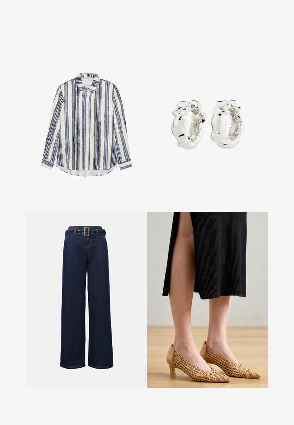 Srajca na gumb z navpičnimi črtami v odtenkih modre, črne in bele barve. Narejena iz gladkega blaga s klasičnim ovratnikom in gumbom za zapiranje.; Temno modri široki jeans hlače z našitimi žepi in usklajenim pasom, ki ima velik pravokoten zlat zaponko.; Čevlji s koničastim nosom, z wovanim zlatim mrežastim zgornjim delom, bež usnjenim zadnjim delom in nizko peto, postavljeni proti lesenemu podu in črni rebrasti obleki.; Srebrne obročeve uhane z teksturiranim, nepravilnim dizajnom. Površina je odsevna in prikazuje krivulje in konture. Notranji prostor je prazen.