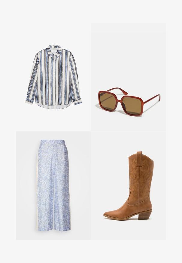 Button-up shirt featuring vertical stripes in shades of blue, black, and white. Made of smooth fabric with a classic collar and button closure.; Light blue wide-leg pants featuring a textured floral pattern in white. Made from soft fabric with a smooth finish and a high waist design.; Tan leather cowboy boot with pointed toe, embroidered swirl patterns on shaft, and a stacked block heel. Features a pull tab for easy wear.; Red square sunglasses with brown tinted lenses. Thick, glossy frames and slim arms with minor detailing on the side for visual interest.; Silver hoop earrings with a minimalist design. Circular shape, smooth texture, and thin profile. Lightweight with a polished finish.