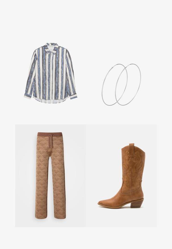 Koszula zapinana na guziki z pionowymi paskami w odcieniach niebieskiego, czarnego i białego. Wykonana z gładkiego materiału, z klasycznym kołnierzykiem i zapięciem na guziki.; Brązowe, wzorzyste spodnie dresowe z teksturowanej tkaniny, elastycznym pasem z sznurkiem oraz luźnym krojem.; Brązowe skórzane kowbojki z wyciągniętym nosem, haftowanymi wzorami spiralnymi na cholewie oraz blokowym obcasem. Posiadają pętlę ułatwiającą zakładanie.; Srebrne kolczyki w formie obręczy o minimalistycznym designie. Okrągły kształt, gładka faktura i cienki profil. Lekkie, z polerowanym wykończeniem.