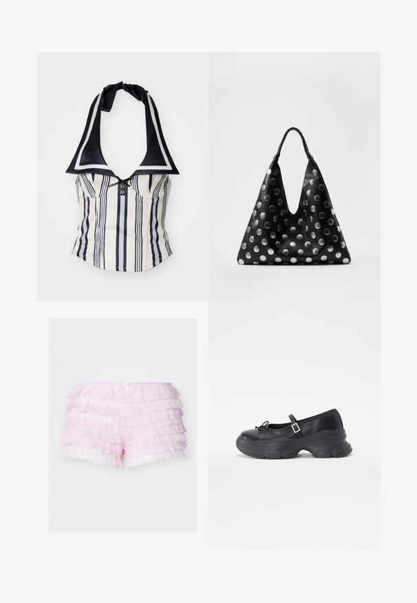 Pruhovaný halter top v krémové a námořnické modré barvě s širokým límcem, který má zapínání na knoflík a uzlovou šňůrku kolem krku. Hladká textilie.; Růžové volánkové šortky s několika vrstvami krajky, s jemnou saténovou mašlí v pase a průsvitným, texturovaným povrchem.; Černá kožená botička Mary Jane se zaoblenou špičkou, detailem mašle a nastavitelným páskem kolem kotníku. Disponuje chunky gumovou podrážkou s zakřivenými akcenty.; Černá kožená taška trojúhelníkového tvaru, zdobená stříbrnými kovovými puntíky a texturovanou rukojetí. Celkově hladký povrch.