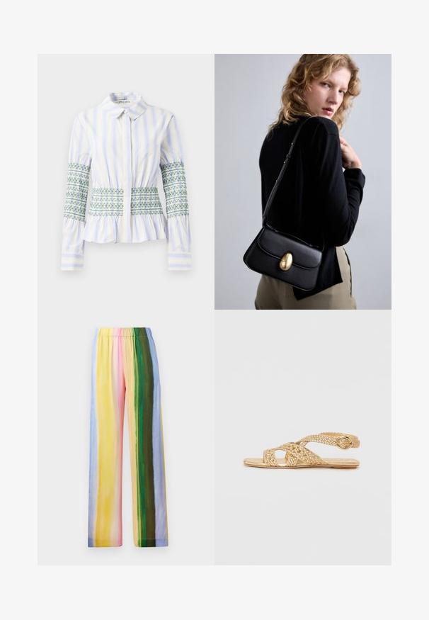 Pruhovaná košile na knoflíky ve světle modré a bílé barvě, se smockovanými zelenými detaily na rukávech a pase, klasickým límečkem a rozšířenými manžetami.; Široké kalhoty s elastickým pasem, zdobené vertikálními pruhy v pastelových barvách: žluté, růžové, zelené, modré a světle fialové. Hladká textura.; Stuart Weitzman THEA - Páskové sandály  - golden; Černá kožená kabelka s zakřiveným tvarem, vybavená výrazným zlatým oválným zapínáním, nastavitelným popruhem a minimalistickým designem.