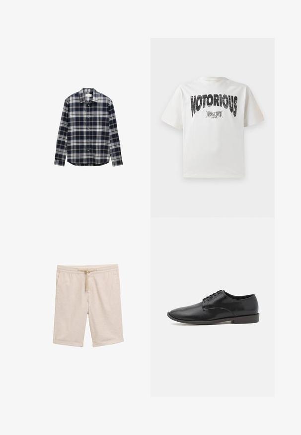 Marineblå og grå skovruderet langærmet skjorte med krave og knapper foran, lavet af et blødt, struktureret stof.; Hvid bomulds T-shirt med korte ærmer, prydet med fed sort grafik tekst "NOTORIOUS" og designet "WORLD TOUR 1990" nedenfor i et slidt print.; Beige bomuldsblandede shorts med elastisk talje, snørebånd detalje og opkrøllede manchetter. Glat tekstur, ingen mønstre eller hardware.; Sorte lædersko med snørebånd, glat overflade, rund tå og lav profil gummi sål. Minimalistisk design uden yderligere udsmykninger.