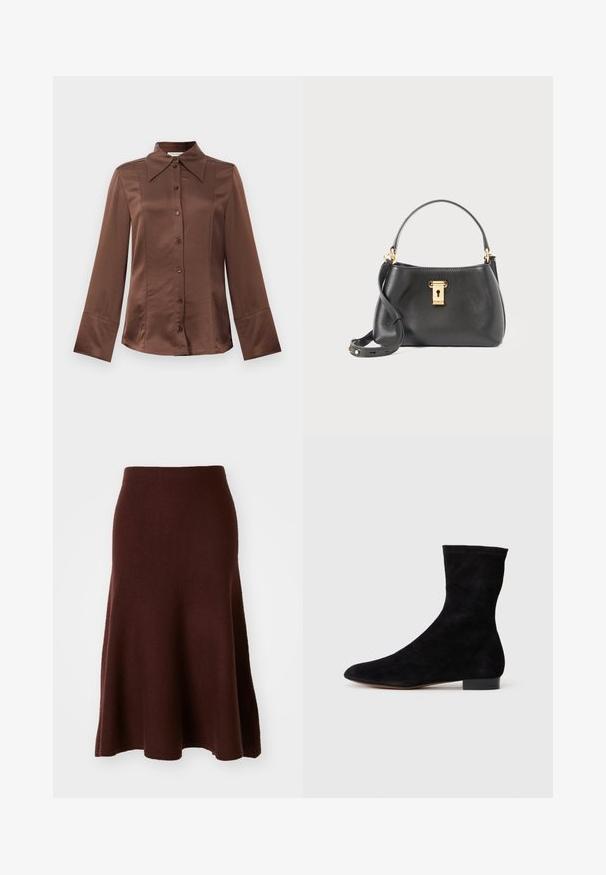 Hnedá saténová košeľa s klasickým golierom, dlhými rukávmi a predným zapínaním na gombíky. Výrazná pre svoj hladký povrch a priliehavý strih.; Hnedá merino vlnená sukňa, v tvare A, hladká textúra, dĺžka po kolená s rozšíreným spodným okrajom, minimálne švy, vhodná na voľný čas.; Čierne semišové členkové topánky s priliehavým zvrškom, špicatou špičkou a nízkym blokovým opätkom. Hladká textúra a minimalistický dizajn, vhodné na všestranné kombinovanie.; Čierna kožená kabelka s textúrovaným povrchom, vybavená zlatým uzamykacím systémom, krátkym držadlom a odnímateľným ramenným popruhom.