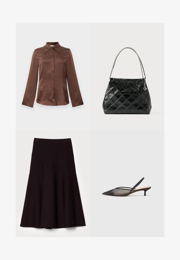 Brun satin skjorte med klassisk krave, lange ærmer og frontlukning med knapper. Kendt for sin glatte tekstur og skræddersyet pasform.; Sort flagrende nederdel lavet af blødt stof, med en glat talje og et flydende A-linje design, med en længde til knæene.; NEOUS IRENA - Pumps - black; Sort quiltet læderhåndtaske med et sølvfarvet kædehåndtag, der har et struktureret design og en glat tekstur.