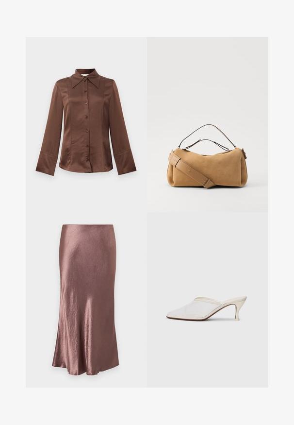 Chemise en satin marron avec un col classique, des manches longues et une fermeture à boutons sur le devant. Notable pour sa texture lisse et sa coupe ajustée.; Jupe midi en satin de couleur mauve, texture lisse, ourlet légèrement évasé, avec un design simple et sans fermetures ni embellissements visibles.; Mule blanches en mesh avec un bout pointu, un talon moyen élancé et un design à enfiler, sur un fond uni.; NEOUS SCORPIUS - Sac à main - sand