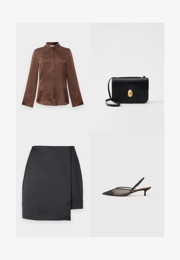 Brun satinvaskad skjorta med klassisk krage, långa ärmar och knappstängning framtill. Utmärkande för sin släta textur och skräddarsydda passform.; Svart asymmetrisk minikjol med en omlottliknande frampanel på vit bakgrund.; NEOUS IRENA - Pumps - black; Svart läderhandväska med en strukturerad rektangulär form. Har ett gyllene ovalt lås och ett tunt axelband. Slät textur.