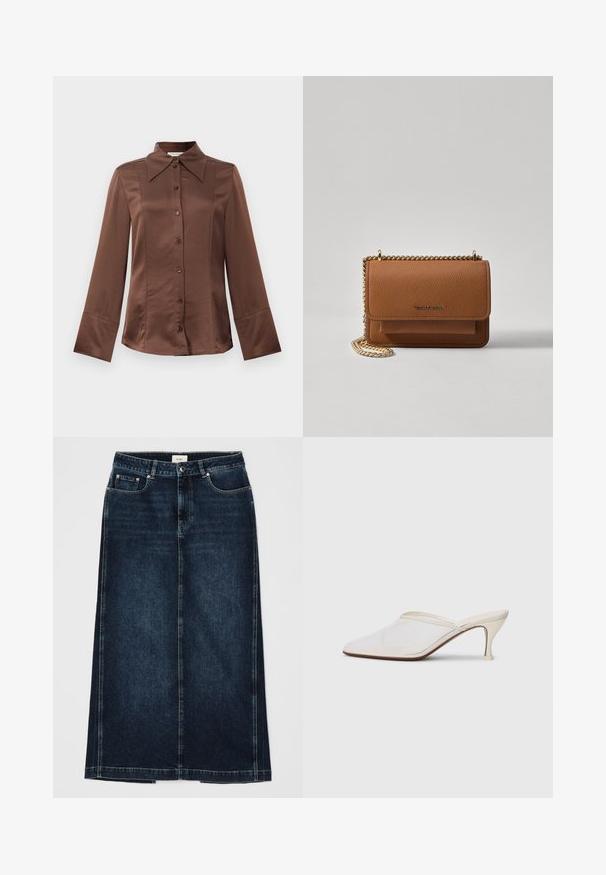 Camisa de satén marrón con cuello clásico, mangas largas y cierre frontal de botones. Destacada por su textura suave y su ajuste entallado.; Falda de mezclilla oscura con corte recto, hasta la rodilla. Presenta bolsillos frontales, cierre de cremallera y detalles de costura sutiles a lo largo de las costuras.; Mule blanco de malla con punta afilada, tacón medio y diseño de fácil colocación contra un fondo liso.; Bolso crossbody de cuero texturizado marrón con correa de cadena dorada y cierre de solapa. La parte frontal presenta un detalle de logo y un bolsillo debajo de la solapa.
