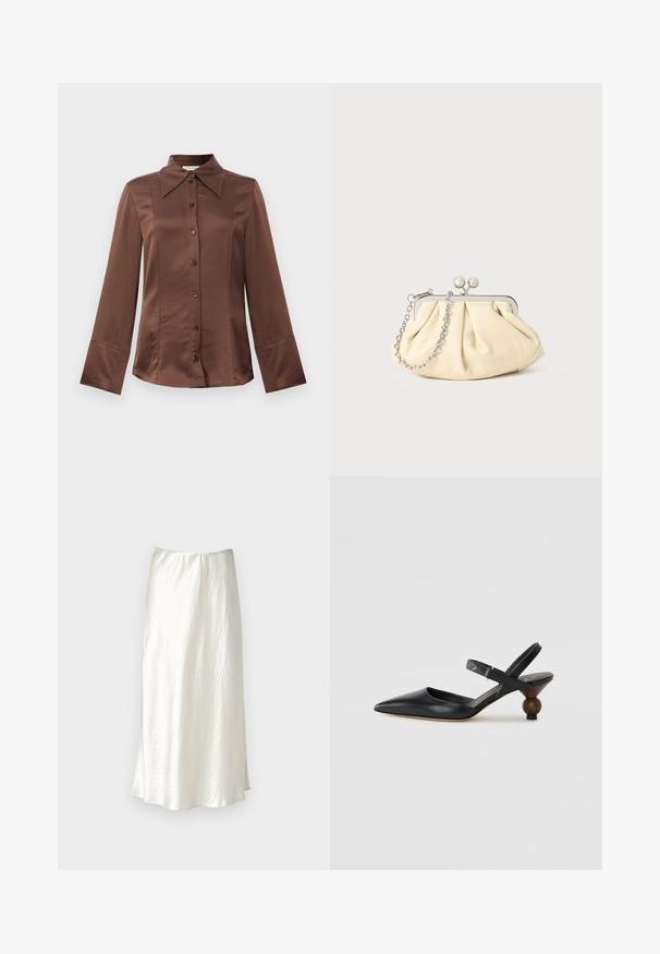 Brown satin shirt with a classic collar, long sleeves, and front button closure. Notable for a smooth texture and tailored fit.; Max Mara Leisure ALESSIO - A-line skirt - bianco; Black leather slingback shoe with a pointed toe, curved design, and a round wood-like heel. Features a narrow ankle strap.; Pleated beige leather clutch with a silver metal frame, featuring two round decorative clasps and a silver chain strap.