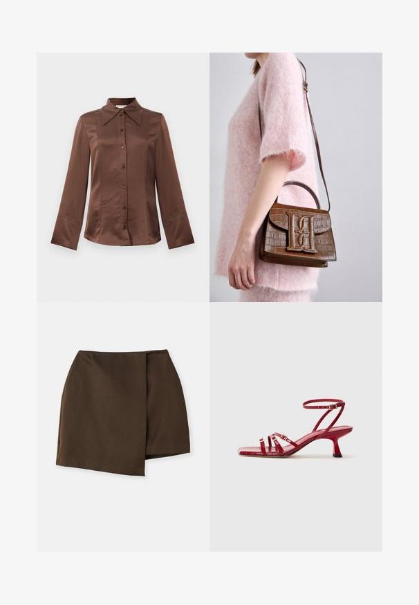 Brown satin shirt with a classic collar, long sleeves, and front button closure. Notable for a smooth texture and tailored fit.; By Malene Birger RAYE - A-line skirt - dark mahogany; Red patent leather sandals feature three toe straps and an adjustable ankle strap. The heel is a stylish block shape, around 5 cm tall.; Brown crocodile-embossed handbag with a top handle and shoulder strap. Features a prominent logo on the front flap. Soft texture.