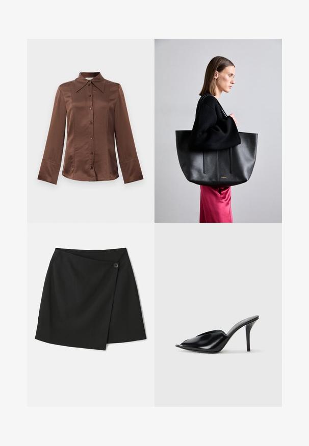 Chemise en satin marron avec un col classique, des manches longues et une fermeture à boutons sur le devant. Notable pour sa texture lisse et sa coupe ajustée.; Jupe enveloppante noire avec une texture de tissu lisse, un design asymétrique et une fermeture par bouton sur le côté pour plus de détails.; Mules à talons hauts en cuir noir, avec un design à bout ouvert, pointu, texture lisse et un fin talon aiguille.; Grand sac tote en cuir noir avec une finition texturée, présentant deux lignes verticales, des bretelles doubles et un design minimaliste.