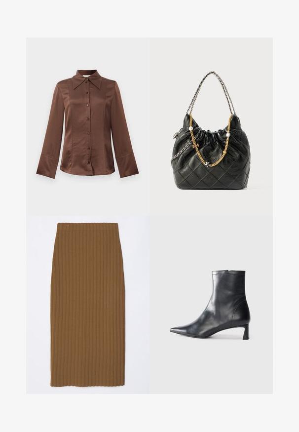 Brown satin shirt with a classic collar, long sleeves, and front button closure. Notable for a smooth texture and tailored fit.; Brown ribbed knit midi skirt with a straight shape and a fitted waistband, featuring vertical lines for texture and a clean edge at the hem.; Black leather ankle boot with a pointed toe and a sleek design. Features a low heel and a zipper closure at the back. Smooth texture.; Black leather handbag with a quilted design, cinched top, and dual chain handles featuring gold and silver accents and decorative charms.