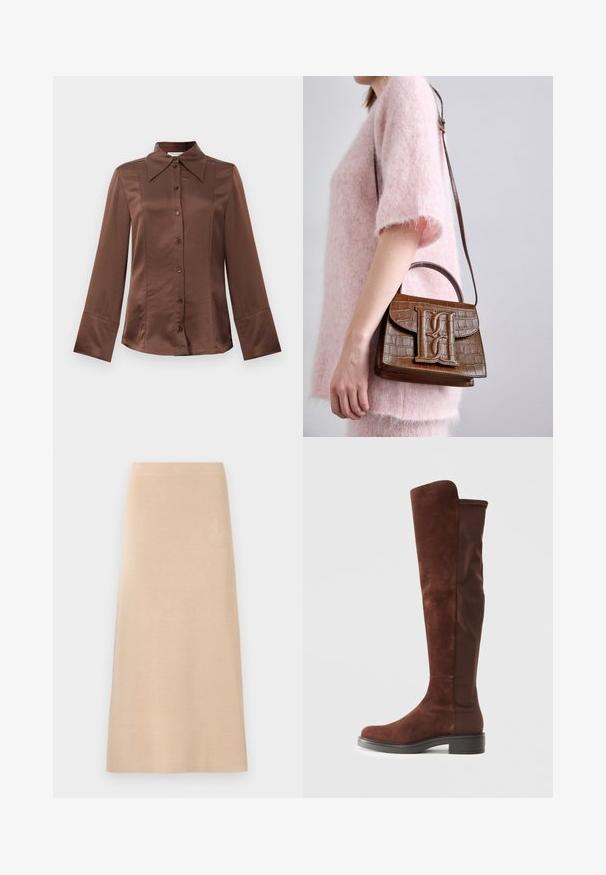 Rjava satenska srajca s klasičnim ovratnikom, dolgimi rokavi in sprednjim zapiranjem na gumb. Zaznamuje jo gladka tekstura in prilagojen kroj.; Dolga, bež pletena krila s pravo silhueto, ki se ponaša z gladko teksturo in brez vidnih vzorcev ali okrasitev.; Visoka rjava z vodoodpornim materialom in tkanino, z nizkim črnim peto in zaobljenim nosom, prikazana v bočnem pogledu na eni barvni beli podlagi.; Rjava torbica s krokodiljo embosiranjem, z zgornjim ročajem in naramnicami. Ima izstopajoč logotip na sprednjem pokrovu. Mehka tekstura.