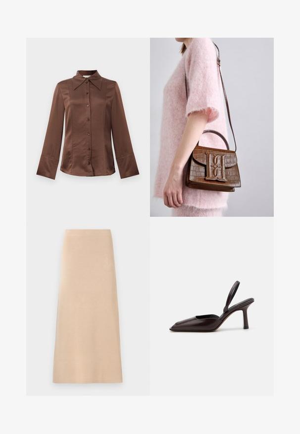 Barna selyem ing klasszikus gallérral, hosszú ujjal és elülső gombos záródással. Jellemzője a sima textúra és a testhezálló fazon.; Egy hosszú, bézs, kötött szoknya egyenes siluettel, sima textúrával, látható minták vagy díszítések nélkül.; Barna lakkbőr slingback magassarkú cipő hegyes orral és vékony, magas sarkúval. Elegáns dizájn és sima felület jellemzi.; Barna krokodilbőr mintázatú kézitáska, tetején fogantyúval és vállpánttal. A túloldalán egy hangsúlyos logó található. Puha tapintású.