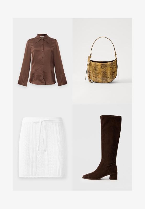 Bruine satijnen shirt met een klassieke kraag, lange mouwen en sluiting met knopen aan de voorkant. Opvallend door de gladde textuur en de getailleerde pasvorm.; Witte gebreide rok met een textuurpatroon en verticale strepen; heeft een koord taille en een gegolfde zoom.; Bruine suede kniehoge laarzen met een spitse neus en een chunky hak. Kenmerken een slanke, gladde textuur en minimale stikdetails.; Vanessa Bruno MINI DAILY BAG - Schoudertas - camel
