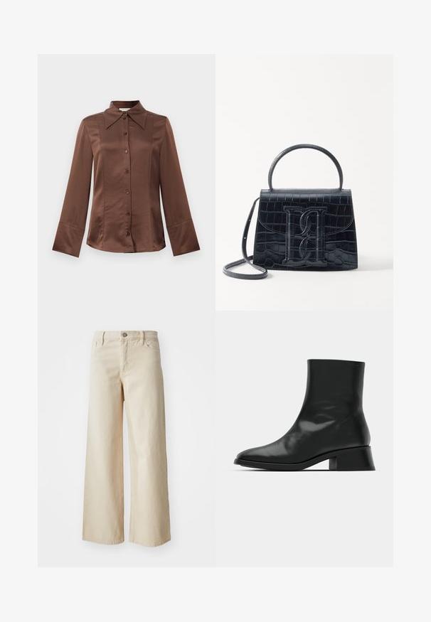 Brown satin shirt with a classic collar, long sleeves, and front button closure. Notable for a smooth texture and tailored fit.; Beige wide-leg jeans made of denim, featuring a high waist, button closure, belt loops, and side pockets. Smooth texture and relaxed fit.; Black ankle boot made of shiny leather, featuring a sleek design, pointed toe, and a moderate block heel for stability.; Black crocodile-embossed leather handbag with a structured design, top handle, adjustable strap, and a prominent front logo detail.