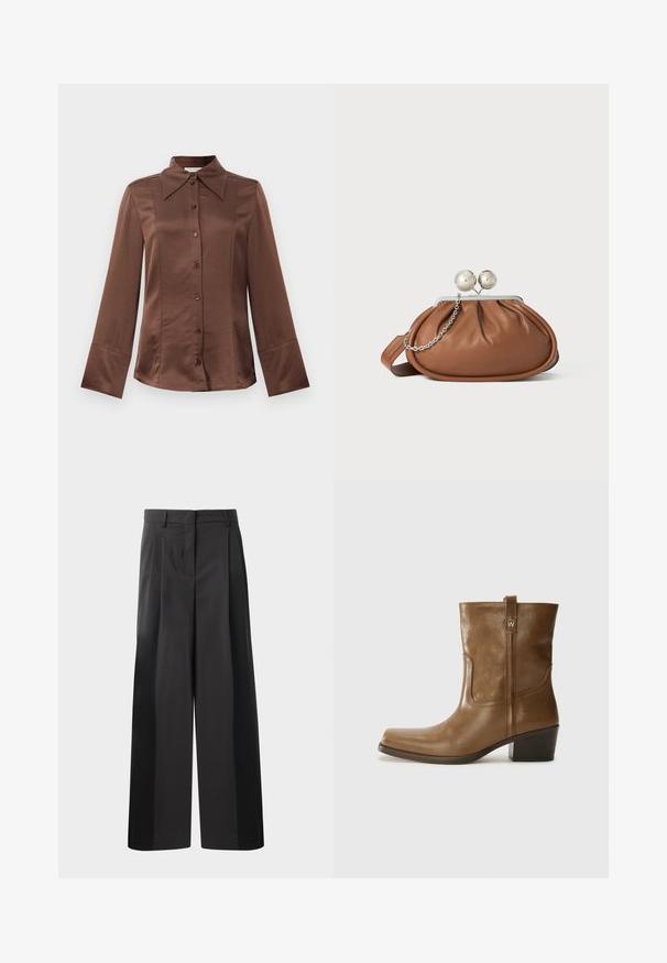 Chemise en satin marron avec un col classique, des manches longues et une fermeture à boutons sur le devant. Notable pour sa texture lisse et sa coupe ajustée.; Pantalon large noir avec une taille haute, doté de plis avant, d'une texture lisse et d'une finition ajustée. Conçu pour un ajustement décontracté.; Bottine en cuir marron avec un orteil carré, une finition texturée et un petit talon empilé. Présente une languette à l'arrière et des détails de couture subtils.; Pochette en cuir marron avec un fermoir à boule en argent et un petit détail en chaîne argentée sur fond blanc.