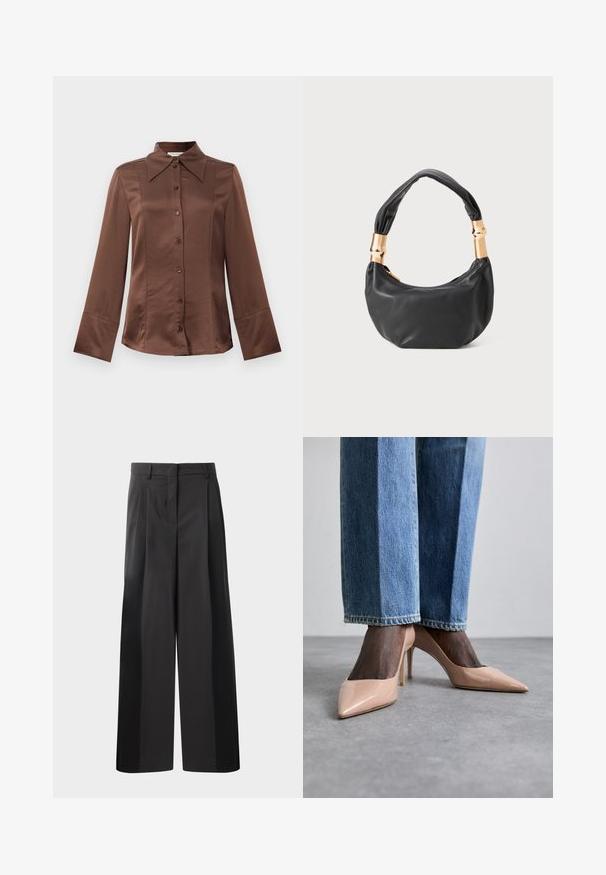 Chemise en satin marron avec un col classique, des manches longues et une fermeture à boutons sur le devant. Notable pour sa texture lisse et sa coupe ajustée.; Pantalon large noir avec une taille haute, doté de plis avant, d'une texture lisse et d'une finition ajustée. Conçu pour un ajustement décontracté.; Talons hauts en cuir verni nude avec des bouts pointus et de fins talons aiguilles, associés à un jean en denim foncé, présentant une coupe droite et un ourlet retroussé.; Sac à main en cuir noir de forme ronde, texture douce, et avec une anse nouée ornée d'accents en matériel doré. Fermeture éclair.