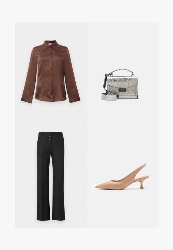 Camicia in satin marrone con colletto classico, maniche lunghe e chiusura a bottoni frontale. Caratterizzata da una superficie liscia e una vestibilità su misura.; The Kooples PANTALON - Pantaloni - black; Stuart Weitzman SLINGBACK - Decolleté - nude; Borsa a tracolla di colore argento metallizzato con una texture in coccodrillo. Dotata di una maniglia superiore, cinturino staccabile e forma rettangolare con chiusura a scatto.