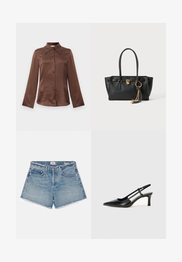 Barna selyem ing klasszikus gallérral, hosszú ujjal és elülső gombos záródással. Jellemzője a sima textúra és a testhezálló fazon.; Citizens of Humanity ANNABELLE - Farmer rövidnadrágok - gemini/light indigo; Fekete lakk slingback sarok, hegyes orral, texturált kígyómintával, állítható pánttal és rövid, texturált tömbsarkal.; Fekete bőr kézitáska dupla fogantyúkkal, aranyzárral és lánc részletekkel, fekete-fehér bojt kiegészítővel, fehér háttéren.