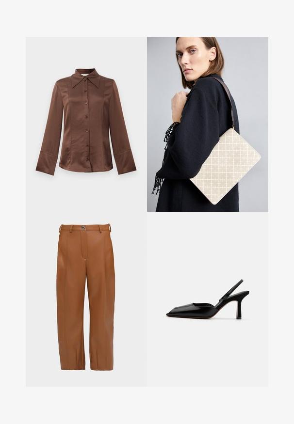 Brūna satīna krekls ar klasisku apkakli, garām piedurknēm un priekšējo pogu aizdari. Izceļas ar gludu tekstūru un izgrieztu piegriezumu.; Brūni mākslīgās ādas bikses ar taisnu piegriezumu, priekšējo šuvju detaļām, divām jostu cilpām un vienu pogu aizdari jostasvietā.; Melnas ādas slingback kurpes ar norādītu purngalu, minimālisma dizainu, plānu potītes jostu un elegantām stiletto papēžiem. Gluda tekstūra.; Bežs rakstains plecu soma ar strukturētu formu, kurai ir brūns fakturēts siksniņš. Valkāta uz modeļa pelēkā fona.