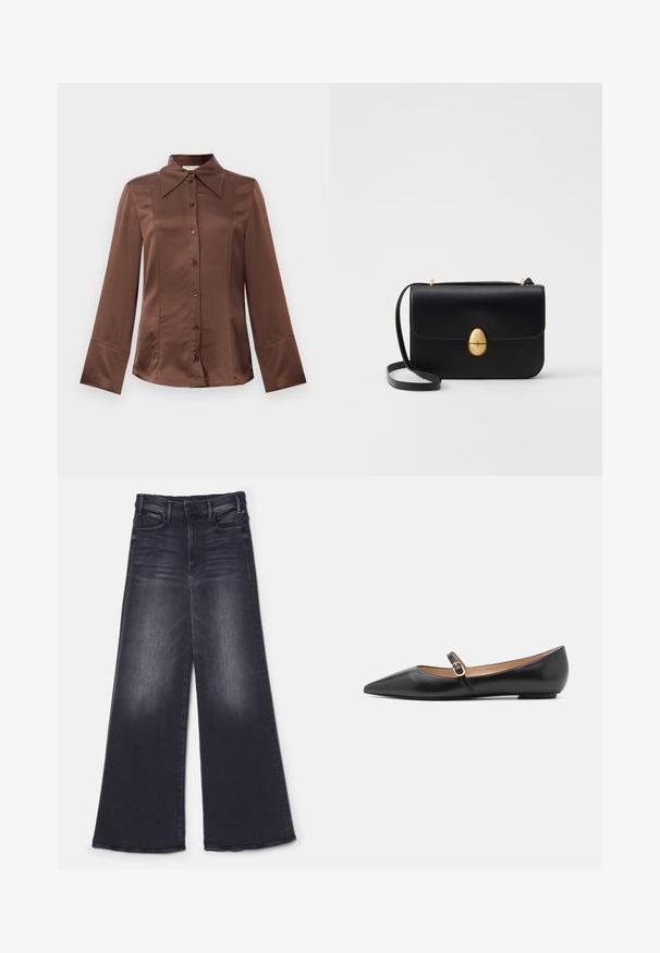 Pruun satiinsärk klassikalise kraega, pika varrukaga ja ees oleva nööpide sulgemisega. Tuntud sujuva tekstuuri ja vooderdatud istuvuse poolest.; Mother THE HUSTLER ROLLER SNEAK - Wide leg - not today satan; Musthave mustanahkased balletkingad terava varbaga ja külgrihmaga, millel on ümmargune kuldne aksessuaar. Kerged ja tasase tallaga.; Must kase nahast käekott, millel on struktureeritud ristkülikukujuline kuju. Omab kuldset ovaalset lukku ja õhukest õlavarre rihma. Sile tekstuur.