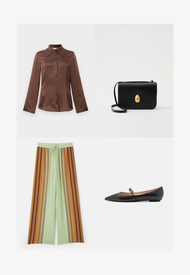 Brązowa satynowa koszula z klasycznym kołnierzykiem, długimi rękawami i zapięciem na guziki z przodu. Wyróżnia się gładką fakturą i dopasowanym krojem.; Spodnie o szerokich nogawkach w jasnozielonym materiale, ozdobione pionowymi paskami w brązowym, pomarańczowym i wielokolorowym wykończeniu. Elastyczny pas z sznurkiem do regulacji.; Czarne skórzane baletki z wydłużonym noskiem i bocznym paskiem z okrąłym złotym akcentem. Lekkie z płaską podeszwą.; Czarna skórzana torba na ramię o strukturalnym prostokątnym kształcie. Posiada złoty owalny zamek i cienki pasek na ramię. Gładka faktura.