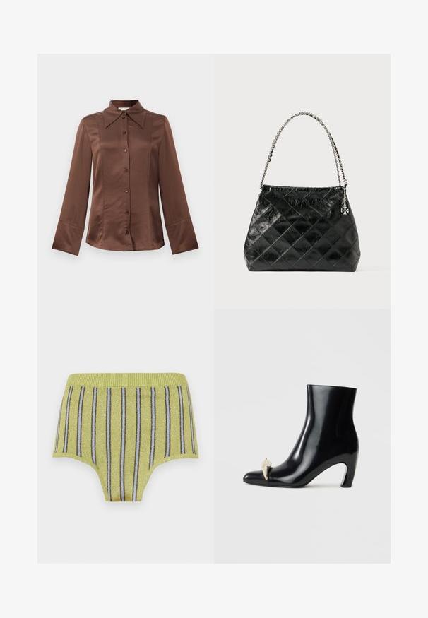 Brūna satīna krekls ar klasisku apkakli, garām piedurknēm un priekšējo pogu aizdari. Izceļas ar gludu tekstūru un izgrieztu piegriezumu.; Dzelteni riboti apakšveļa ar spīdīgām zelta diegiem un vertikālām zila un brūna krāsas svītrām. Tam ir plata elastīga josta un gluda tekstūra.; Melnas potītes zābaki, izgatavoti no spīdīgas ādas, ar smailu purngalu un dekoratīvu zelta un sudraba akcentu priekšpusē. Bloka papēža dizains.; Melnas šūtas ādas rokassomas ar sudraba krāsas ķēdes rokturi, tai ir strukturēts dizains un gluda tekstūra.