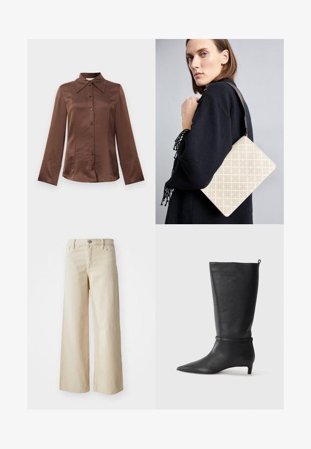 Hnědá saténová košile s klasickým límečkem, dlouhými rukávy a zapínáním na knoflíky vpředu. Výrazná svojí hladkou texturou a přiléhavým střihem.; Béžové džíny širokého střihu vyrobené z denimu, vybavené vysokým pasem, zapínáním na knoflík, poutky na opasek a bočními kapsami. Hladká textura a uvolněný střih.; Černé kožené kozačky ke kolenům s špičatou špičkou, zdobené kulatým páskem kolem kotníku a nízkým, zužujícím se podpatkem. Hladký povrch.; Beige vzorovaná kabelka přes rameno se strukturovaným tvarem, obsahující hnědý texturovaný popruh. Nosená modelem na šedém pozadí.