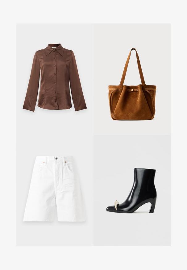 Rjava satenska srajca s klasičnim ovratnikom, dolgimi rokavi in sprednjim zapiranjem na gumb. Zaznamuje jo gladka tekstura in prilagojen kroj.; Beli denim kratke hlače z visokim pasom, zasnovo s petimi žepi in zadrgo. Opremljene so s kovinskimi detajli v bakreni barvi in sproščenim krojem.; Črne gležnjarje iz sijajnega usnja, s koničastim nosom in dekorativnim zlatim ter srebrnim detajlom spredaj. Oblika bloka pete.; Rjava nubuk torba za ramena z dvema ročajema, z loputo na gumb in sproščenim, rahlo ohlapnim oblikovanjem.