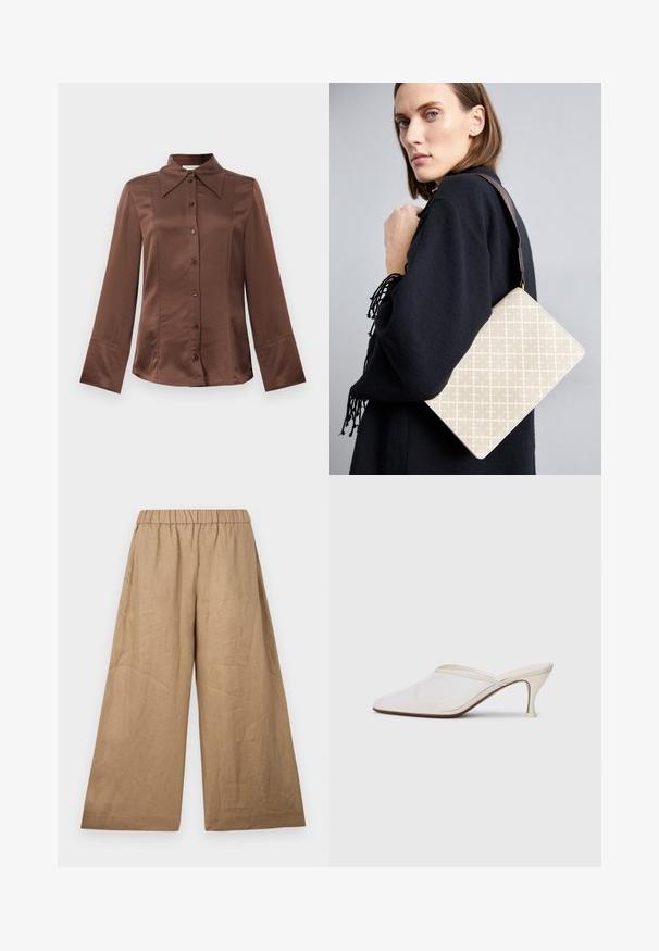 Brown satin shirt with a classic collar, long sleeves, and front button closure. Notable for a smooth texture and tailored fit.; Linen wide-leg trousers in a light brown shade, featuring a gathered elastic waistband and a smooth, textured finish.; White mesh pointed-toe mule with a slim mid-height heel and slip-on design against a plain background.; Beige patterned shoulder bag with a structured shape, featuring a brown textured strap. Worn on a model against a gray background.