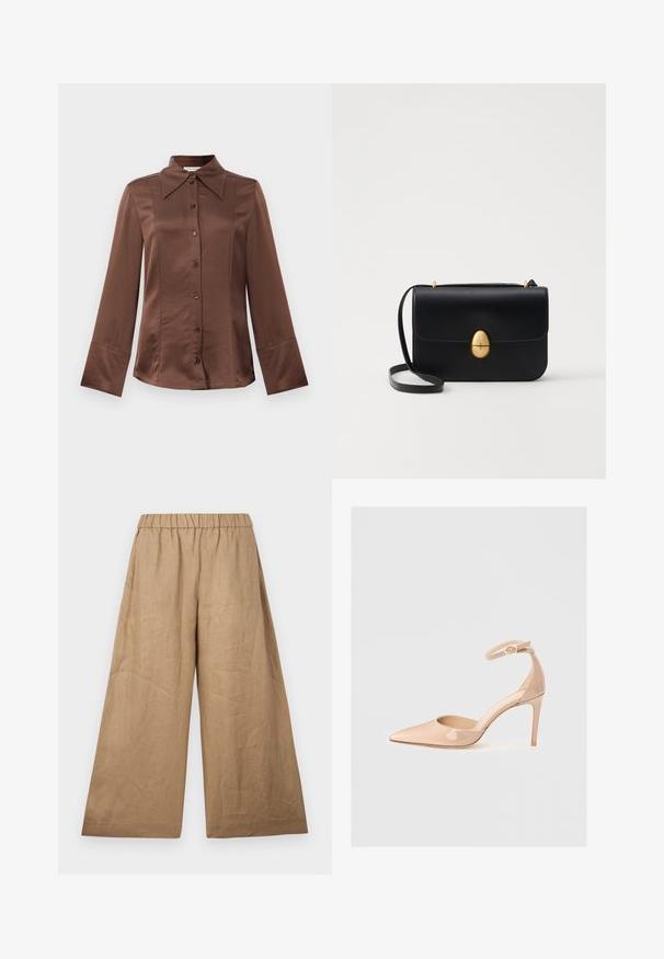 Camisa de satin castanha com colarinho clássico, mangas longas e fecho frontal com botões. Destaca-se pela sua textura suave e pelo corte ajustado.; Calças de linho de perna larga numa tonalidade castanha clara, com uma cintura elástica franzida e um acabamento suave e texturizado.; Shoe de verniz nude com biqueira pontuda, tirante no tornozelo e tacão agulha, apresentando uma textura suave e design minimalista.; Bolsa de mão em couro preto com uma forma rectangular estruturada. Apresenta um fecho oval dourado e uma alça para o ombro fina. Textura suave.