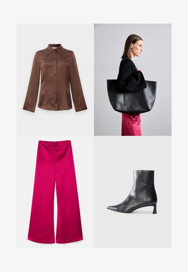 Barna selyem ing klasszikus gallérral, hosszú ujjal és elülső gombos záródással. Jellemzője a sima textúra és a testhezálló fazon.; By Malene Birger LUCEE - Nadrágok - wild berries; Fekete bőr bokacsizma hegyes orral és letisztult dizájnnal. Alacsony sarka és hátsó cipzáras záródása van. Simának tűnő textúra.; Fekete bőr bevásárlótáska, texturált felülettel, két függőleges vonallal, dupla vállpánttal és minimalista dizájnnal.