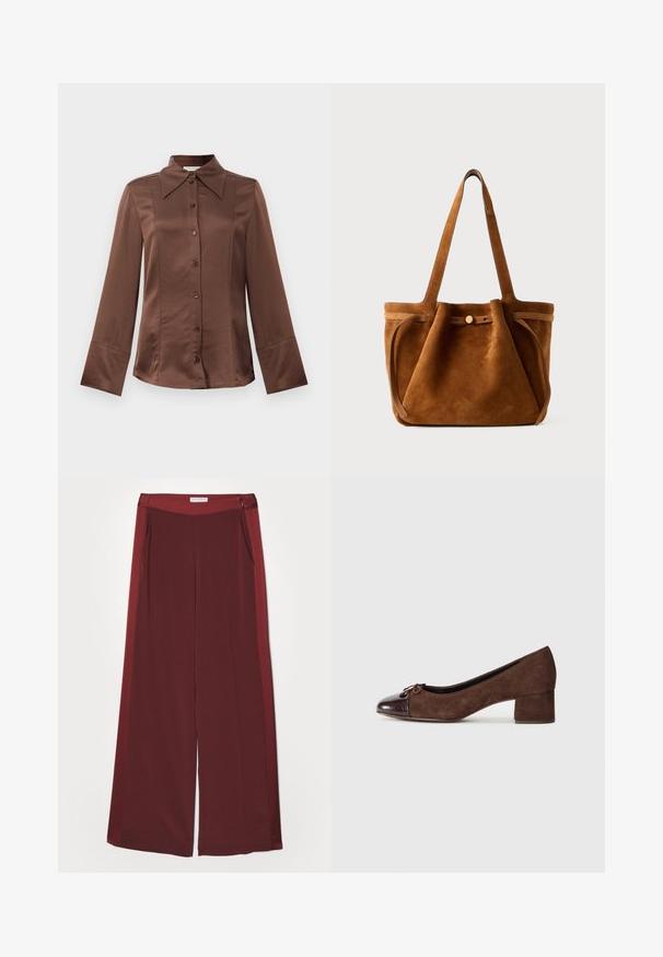 Ruskea satiinipaita, jossa on klassinen kaulus, pitkät hihat ja etupainonappi. Tunnetaan sileästä tekstuuristaan ja muotoonommellusta istuvuudestaan.; Burgundy leveled-hameet, jotka ovat sileitä ja pehmeitä tekstuureiltaan. Niissä on tasainen vyötärö ja sivutaskut. Minimalistinen muotoilu ilman näkyvää varustusta.; Ruskeat mokkanahkakengät, joissa on kiiltävä tummanruskea krokotiililla painettu kärki ja matala, paksu korko. Edessä pieni nauhaliitos.; Ruskea samettinen kantolaukku, jossa on kaksinkertaiset kahvat, nappikiinnitys ja rento, hieman lörpähtänyt muoto.