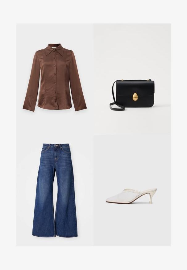Barna selyem ing klasszikus gallérral, hosszú ujjal és elülső gombos záródással. Jellemzője a sima textúra és a testhezálló fazon.; Sötétkék, széles lábú farmernadrág klasszikus ötpocket dizájnnal, gombos záródással és finom, kopott hatással a combokon.; Fehér hálós, hegyes orrú mules cipő, vékony, középmagas sarkával és slip-on kialakításával, egyszerű háttér előtt.; Fekete bőr kézitáska, struktúrált, téglalap alakú formával. Arany ovális kapoccsal és vékony vállpánttal rendelkezik. Sima textúrájú.