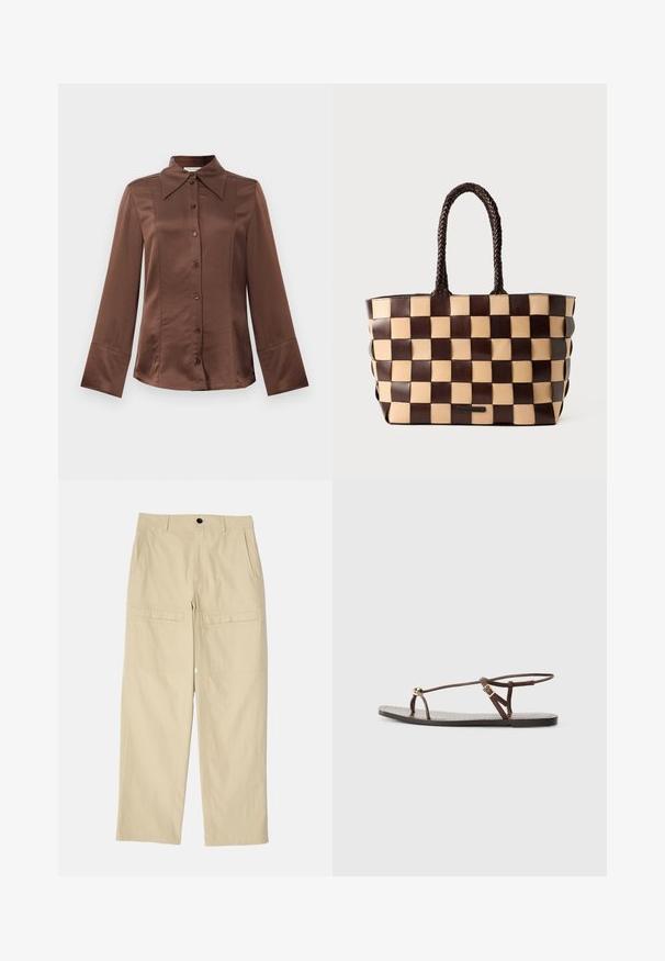 Rjava satenska srajca s klasičnim ovratnikom, dolgimi rokavi in sprednjim zapiranjem na gumb. Zaznamuje jo gladka tekstura in prilagojen kroj.; Bež široke hlače iz bombaža. Imajo dva sprednja žepa, dva zadnja žepa in en sam gumb za zapiranje v pasu.; Rjavi usnjeni sandal s tankimi trakovi, zlato krožno okrasje in ravnim podplatom. Minimalističen dizajn z nastavljivim zaponko.; Rjava in bež usnjena torbica za čez ramo z opletenim šahovskim vzorcem in pletenimi ročaji na beli podlagi.