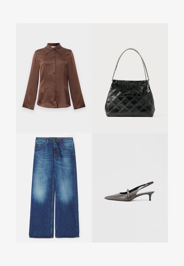 Rjava satenska srajca s klasičnim ovratnikom, dolgimi rokavi in sprednjim zapiranjem na gumb. Zaznamuje jo gladka tekstura in prilagojen kroj.; Široke modre kavbojke iz denima z zdrobljenim zaključkom, ki vključujejo klasičen dizajn s petimi žepi in sprednjo zaponko na gumb. Rahlo obrabljena tekstura.; Zeločrne usnjene slingback čevlje s špicastim nosom in majhno peto, ki imajo dekorativni trak in kovinski dodatek. Gladka tekstura z minimalnim oblikovanjem.; Črna usnjena torbica z vzorcem karo, srebrna verižica kot ročaj, z oblikovanim dizajnom in gladko teksturo.