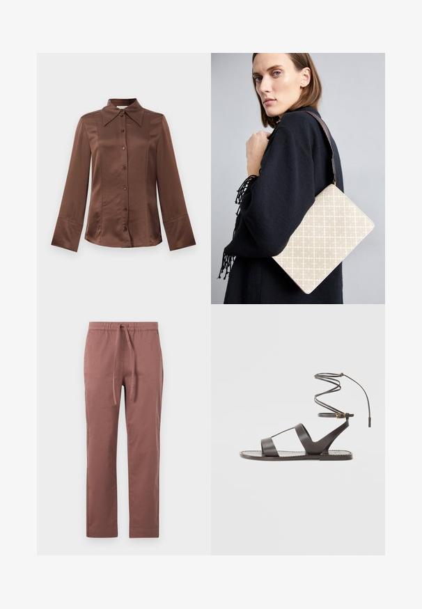Hnědá saténová košile s klasickým límečkem, dlouhými rukávy a zapínáním na knoflíky vpředu. Výrazná svojí hladkou texturou a přiléhavým střihem.; Hnědé kalhoty z bavlněné směsi s elastickým pasem a stahovací šňůrkou. Rovný střih nohavic s bočními kapsami, hladký povrch a bez viditelných vzorů.; Hnědé kožené sandály s plochou podrážkou, minimalistickým designem, zakřiveným páskem kolem kotníku a několika prořezy pro prodyšnost.; Beige vzorovaná kabelka přes rameno se strukturovaným tvarem, obsahující hnědý texturovaný popruh. Nosená modelem na šedém pozadí.