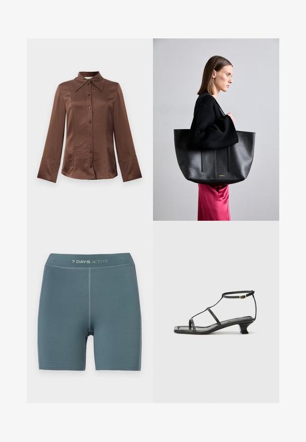 Brown satin shirt with a classic collar, long sleeves, and front button closure. Notable for a smooth texture and tailored fit.; Light blue active shorts with a smooth texture, mid-thigh length, and a logo at the waistband; features reinforced stitching.; Black leather sandal with a square toe, thin straps, adjustable ankle strap, and a low heel. Features a small gold accent on the strap.; Black leather tote bag with a textured finish, featuring two vertical lines, dual shoulder straps, and a minimalist design.