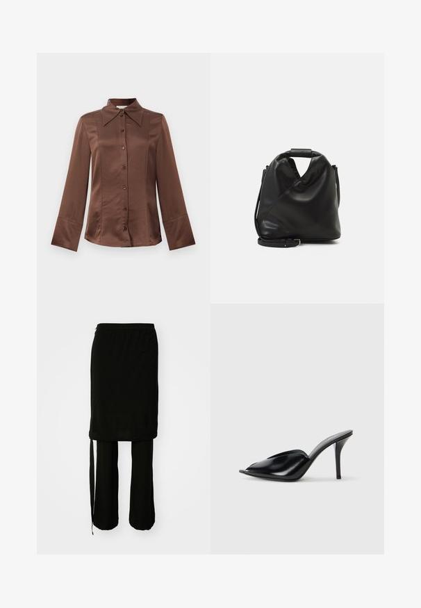 Ruskea satiinipaita, jossa on klassinen kaulus, pitkät hihat ja etupainonappi. Tunnetaan sileästä tekstuuristaan ja muotoonommellusta istuvuudestaan.; Mustat kahdesta osasta koostuva asu, johon kuuluu pitkä hame sivusiteellä ja löysät housut. Luotu sileästä kankaasta, jossa on soljuva muotoilu.; Musta nahkainen korkeakorkoinen mules-malli, avoimella varpaalla, terävä muotoilu, sileä pinta ja kapea stilettokorko.; Mustan, pehmeän nahkabagin ainutlaatuinen kierretty muotoilu. Varustettu lyhyellä kahvalla ja irrotettavalla olkahihnalla. Minimalistinen tyyli.