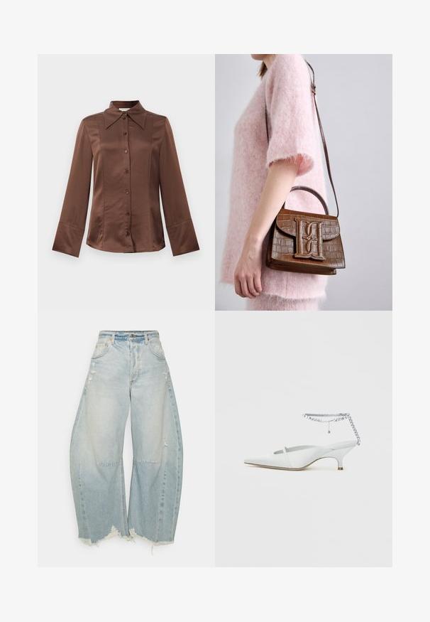 Rjava satenska srajca s klasičnim ovratnikom, dolgimi rokavi in sprednjim zapiranjem na gumb. Zaznamuje jo gladka tekstura in prilagojen kroj.; Svetlo modri široki traper hlače z izbledelim videzom, uničenimi detajli in raztrganim robom. Ima sprednje žepe in klasično zapiranje s gumbom.; Bel bel belo mule z belimi konicami in pasom za gleženj z okrasnimi kristali na ravni podlagi.; Rjava torbica s krokodiljo embosiranjem, z zgornjim ročajem in naramnicami. Ima izstopajoč logotip na sprednjem pokrovu. Mehka tekstura.