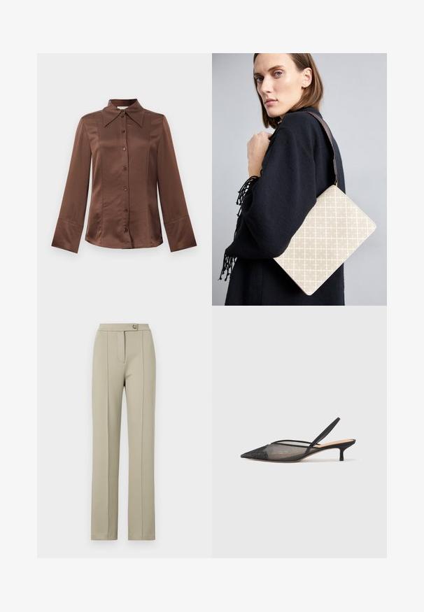 Camisa de satin castanha com colarinho clássico, mangas longas e fecho frontal com botões. Destaca-se pela sua textura suave e pelo corte ajustado.; Calças bejes ajustadas com um corte reto, apresentando um fecho frontal com zipper, um único botão de fecho e vincos discretos ao longo das pernas dianteiras.; NEOUS IRENA - Saltos clássicos - black; Bolsa de ombro bege com padrão e forma estruturada, apresentando uma alça texturizada castanha. Usada por um modelo contra um fundo cinza.