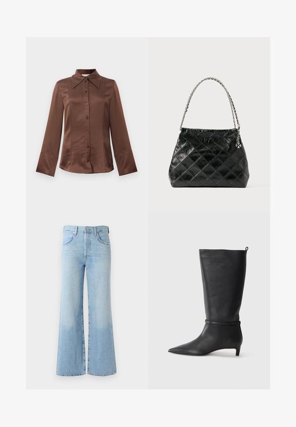 Camisa de satin castanha com colarinho clássico, mangas longas e fecho frontal com botões. Destaca-se pela sua textura suave e pelo corte ajustado.; Jeans de ganga azul claro, com pernas largas e cintura alta, cinco bolsos e um leve desvanecimento perto da bainha. Apresentam uma cintura padrão e fecho com botão.; Bota preta de couro até ao joelho com bico fino, realçada por uma tira circular ao redor do tornozelo e um salto baixo e afunilado. Textura suave.; Mala de mão preta em pele acolchoada com alça em corrente prateada, apresentando um design estruturado e textura lisa.
